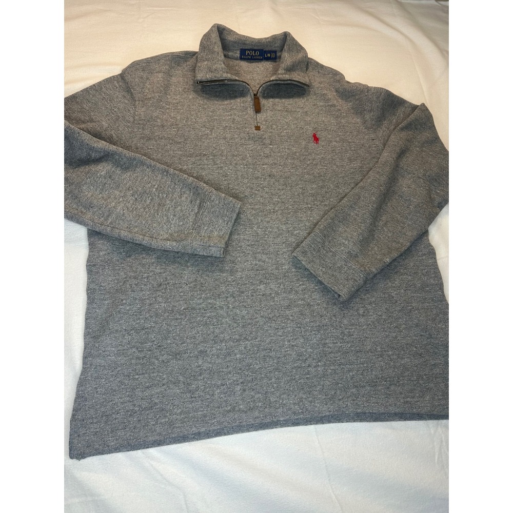 Polo Ralph Lauren Mens Quarter Zip Pullover Sweater Grey Cotton Red Pony L